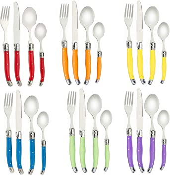FLYINGCOLORS Laguiole Stainless Steel Flatware Set. Multicolor Handle, Gift Box, 24 Pieces