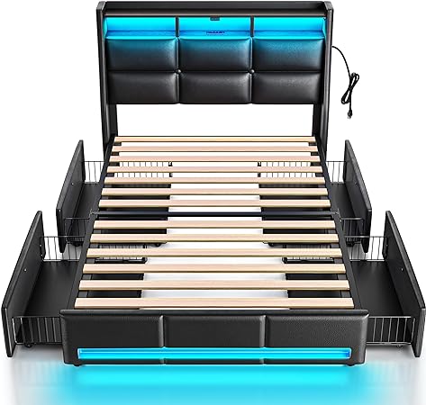 Rolanstar Twin Bed Frame with 4 Storage Drawers, Charging Station and LED Lights, PU Leather Bed Storage Headboard, Heavy Duty Wooden Slats, No Box Spring Needed, Noise Free, Easy Assembly