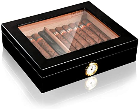Cigar Humidor, Cigar Box with Hygrometer and Humidifier, Cedar Wood Desktop Cigar Humidor for 25 Cigars
