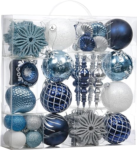 Valery Madelyn Christmas Decorations Ornaments, 70ct Blue & Silver Shatterproof Christmas Ball Ornaments Set, Decorative Hanging Ornament Bulk for Xmas Tree, Holiday Party Decor
