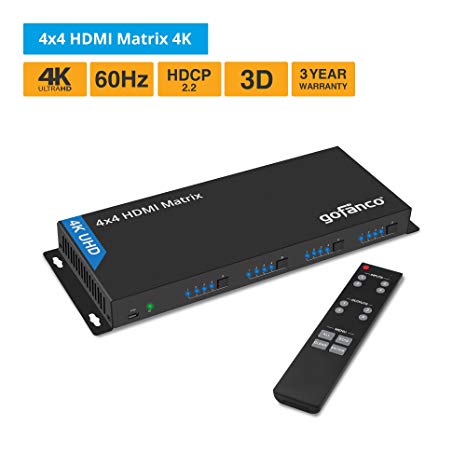 gofanco 4K 4x4 HDMI Matrix Splitter and Switch with IR and RS 232 control - Up to 4K/60Hz 4:2:0, 3D, HDMI 1.4, HDCP 2.2,Dolby TrueHD, EDID, 4 input 4 output Firmware Upgradeable(Matrix44)