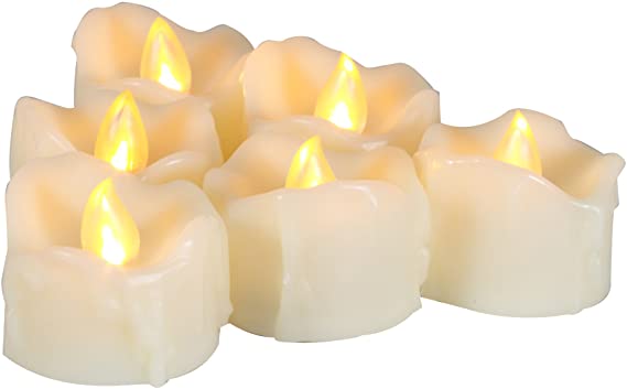6 Battery Operated Flameless LED Tealight Votive Candles with Timer Realistic Flickering Electric Tea Lights Set Bulk Baptism Wedding Party Decorations Kitchen Home Decor Centerpieces Batteries Incl.
