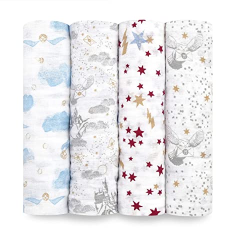 aden   anais Swaddle Blanket, Boutique Muslin Blankets for Girls & Boys, Baby Receiving Swaddles, Ideal Newborn & Infant Swaddling Set, Perfect Shower Gifts, 4 Pack, Harry Potter