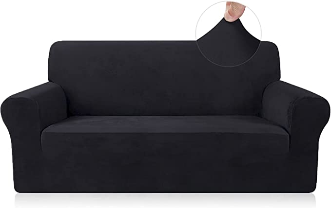 Sofa Covers 2 Seater Elastic Fabric Slipcovers Stretch Couch Slip Cover Plush Protector for Kids Pets Living Room Black