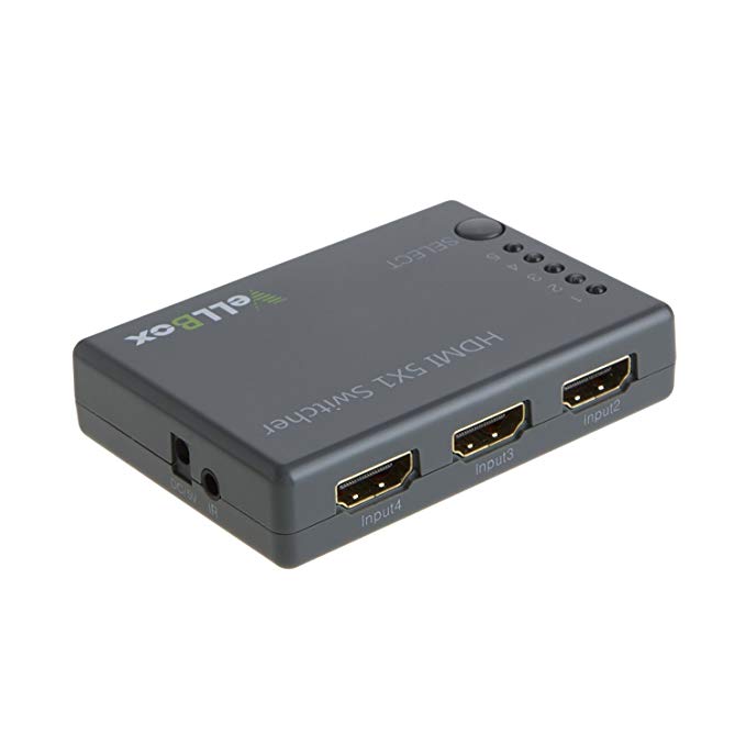 VeLLBox HDMI 5X1 Switcher, 5 in 1 Out, 5-Port Switcher Support Resolution up to 1080p, with IR & Remote Control, 5V/2A Universal Power Adapter, Grey