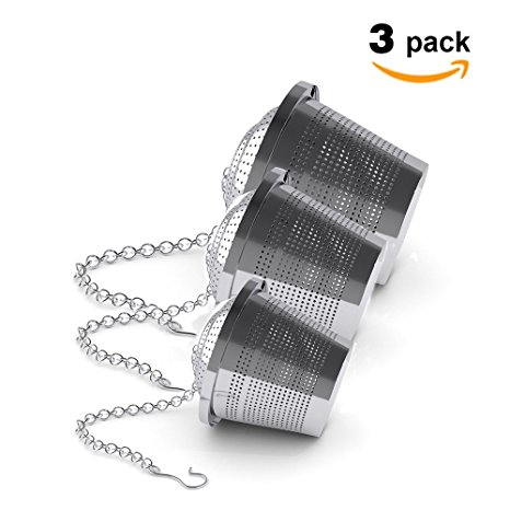 3pcs Tea Strainer Infuser for Loose Tea, 18/8 Stainless Steel, Ultra Fine Snap Mesh (3 Size Large Middle Small)