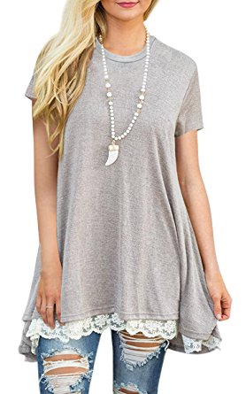 Angashion Women's-Tops-Casual Short Sleeve Lace Trim A Line Tunic T Shirt Blouse