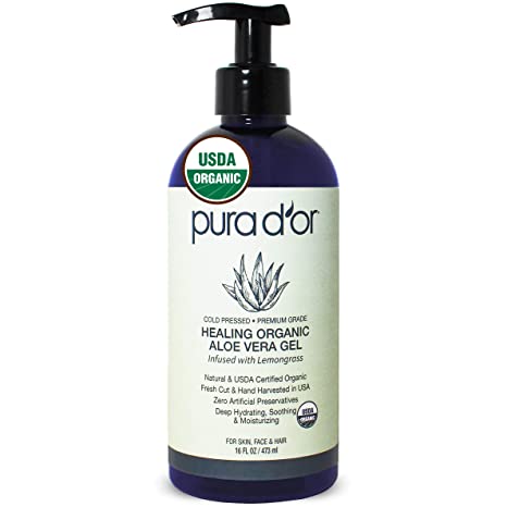 PURA D'OR Organic Aloe Vera Gel, Lemongrass Scent (16oz) USDA Certified - Deeply Hydrating, Moisturizing Skin & Hair - Sunburn, Bug Bites, Rashes, Small Cuts, Eczema Relief (Packaging may vary)