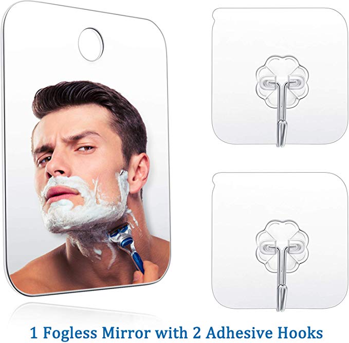 Shower Mirror Shave Makeup Fogless Mirror Lightweight Frameless Mirror with 2 Pieces Adhesive Hooks, 6.8 x 5.2 Inch