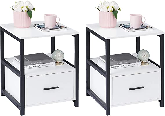 VECELO Nightstand Set of 2 with Drawer Modern Square End Side Table for Storage Open Shelf in Bedroom, Living Room, Small Space, Stable Metal Frame, White&Black, 2 Pack