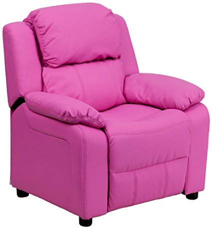 Flash Furniture BT-7985-KID-HOT-PINK-GG Deluxe Heavily Padded Contemporary Hot Pink Vinyl Kids Recliner with Storage Arms