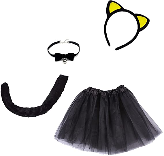 4-Piece Halloween Black Cat Costume for Girls Kitty Costumes Accessories for Kids Headband, Tail, Bow Tie Necklace, Tutu