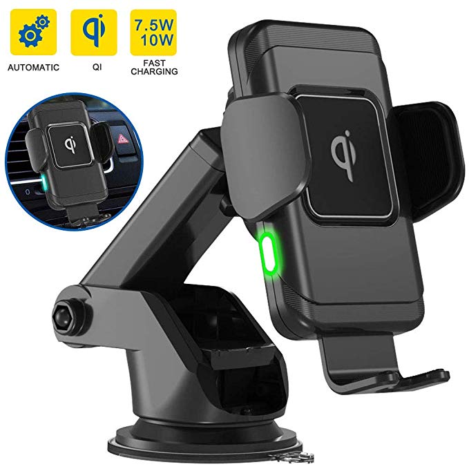 FREESOO QI Wireless Car Charger,10W Car Charger Mount,Windshield Dashboard Air Vent Auto-Clamping Phone Charger Holder Compatible with iPhone Xs MAX/XS/XR/X/8/8 ,Samsung S10/S10 /S9/S9 /S8/S8