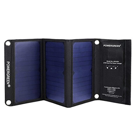 Solar Charger, PowerGreen 21W Portable Foldable Solar Panel with 2 USB Ports for all 5V Mobile Devices