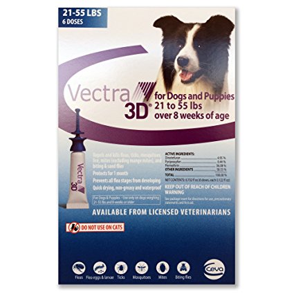 Vectra 3D 6 Pack Blue For Medium Dogs 21 - 55 Pounds USA Version EPA Registered (Controls Fleas, Ticks, Mosquitoes, Lice, Mites, and Sand Flies)