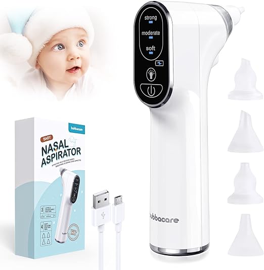 Mouche Bebe, Bébé Electrique avec LED, Aspirateur Nasal 3 Niveaux D'aspiration, Rechargeable Aspiration Puissante Mouche Bébé et 4 Silicone Buses Soin Naissance pour les Nouveaux-nés Jeunes Enfants