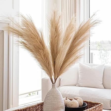 TIED RIBBONS Fluffy Pampas Grass Artificial Flower (Brown, Set of 4, 45.7 cm) for Decoration Vase Pot Home Decor Farmhouse Bedroom Living Room Table Corner Wedding Birthday Decorative Items