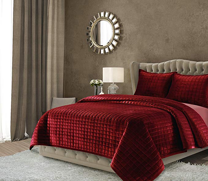 Tribeca Living FLORENCEQUIQUBU Florence Velvet Oversized Solid Quilt Set, Queen, Burgundy