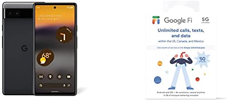 Google Pixel 6a - 5G Android Phone - Unlocked Smartphone with 12 Megapixel Camera and 24-Hour Battery - Charcoal with Google Fi Simply Unlimited SIM kit