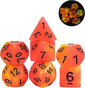 Glow in The Dark DND Dice, 7Pcs Luminous Polyhedral Dice Set with Leather Dice Bag, Glowing D&D Dice for Dungeons and Dragons, RPG, MTG Table Games(Red Yellow)