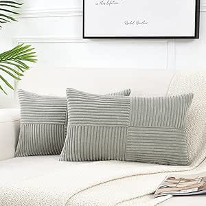 Fancy Homi 2 Packs Grey Long Lumbar Decorative Throw Pillow Covers 12x24 Inch for Couch Bed Sofa, Rustic Farmhouse Boho Home Decor, Soft Striped Corduroy Rectangle Accent Cushion Case 30x60 cm