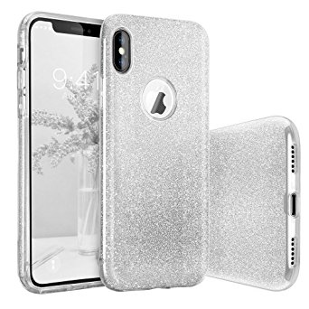 iPhone X Case, BASSTOP Luxury Bling Crystal Glitter Sparkle Phone Case Detachable 3 Layers Shockproof Hard PC Back Soft TPU Inner Shining Case for Apple iPhone X,iPhone 10 (Silver)