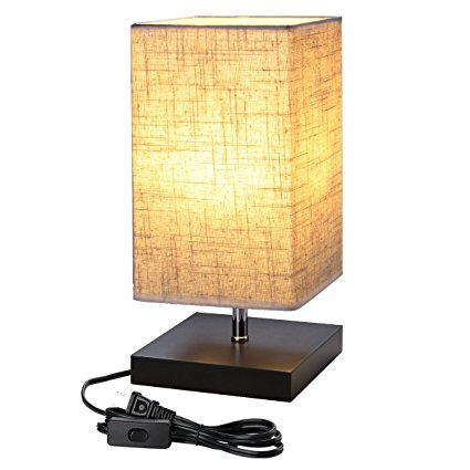 LE Bedside Table Lamp, E26 Bulb Base Minimalist Solid Wood Stand Square Flaxen Fabric Shade for Bedroom Living Room Hotel Resort Coffee Shop Desk Dresser Dorm