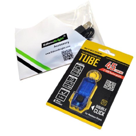Nitecore TUBE blue 45 lumen USB rechargeable keychain light and EdisonBright brand USB charging cable product bundle