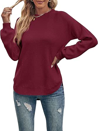 MEROKEETY Women's 2024 Fall Long Balloon Sleeve Crew Neck Sweater Tops Waffle Knit Soft Pullover Jumper