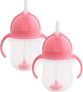 Munchkin Click Lock Tip & Sip Straw Cup Set, Baby Toddler Sippy Cups with Straw, BPA Free Leakproof Cup Dishwasher Safe Baby Cup Weighted Straw Childrens Baby Bottles -7oz/207ml, 2 Pack, Pink/Pink