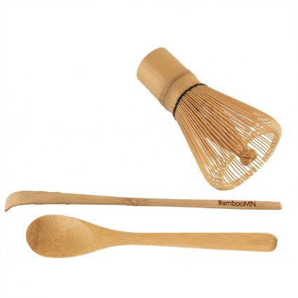 BambooMN Brand - 2 Sets - Golden Chasen (Tea Whisk)   Chashaku (Hooked Bamboo Scoop) for preparing Matcha   Tea Spoon