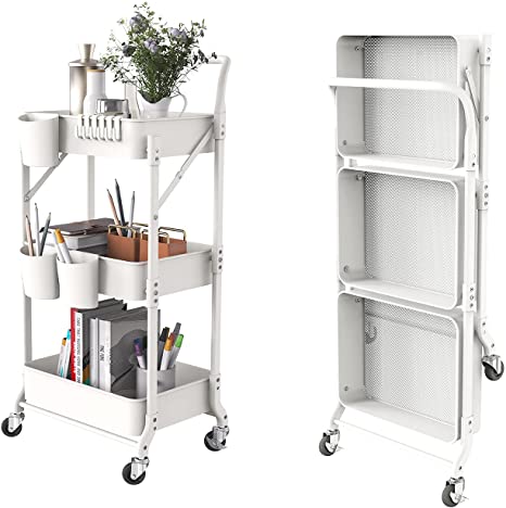 DTK 3 Tier Foldable Metal Rolling Cart, Metal Trays Utility Cart with Handle and Wheels, 3 Hanging Cups and 6 Hooks Storage Organizer Cart, Collapsible Kitchen Cart for Bathroom Office Kitchen（White）