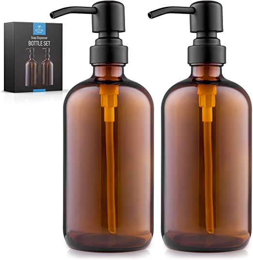 Zulay 2 Pack Amber Glass Soap Dispenser with Pump - 16oz Refillable Amber Bottles with Pump Press - Round Thick Glass Pump Bottle Dispenser for Liquid Soap, Shampoo, Lotion, Essential Oil & More