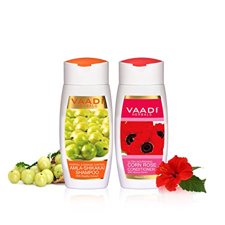 Amla with Shikakai and Reetha Shampoo and Corn Rose Conditioner - Hair Fall and Damage Control Shampoo - Suitable for All Hair Types - Each Pack of 110ml -Vaadi Herbals