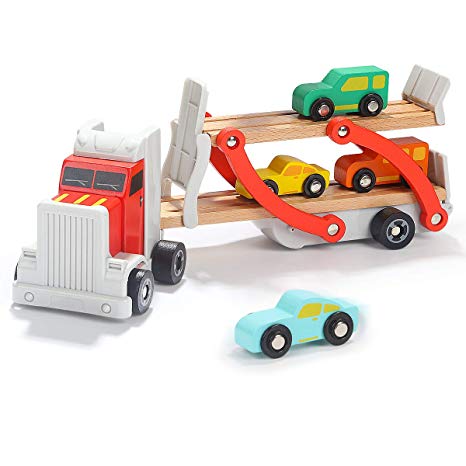 TOP BRIGHT Wooden Car Carrier Truck Toys for Toddler - Car Transporter Truck Loader with 4 Race Cars