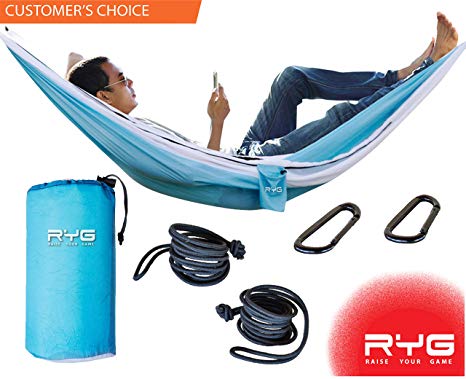 Raise Your Game RYG Portable Hammock, Heavy Duty Lightweight Parachute Quality Fabric, Indoor Outdoor Weatherproof Single & Double Hammocks, Adjustable Camping Swing Hiking Travel (Glacier Blue)