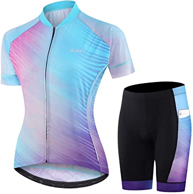 BALEAF Women's Cycling Jersey Set Short Sleeve with 3D Padded Bike Shorts Breathable Shirt Pockets Blue-A Size S