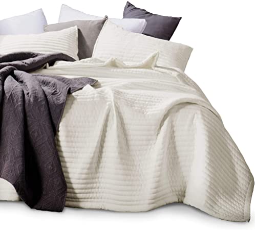 KASENTEX Quilt-Bedding-Coverlet-Blanket-Set, Machine Washable, Ultra Soft, Lightweight, Stone-Washed, Detailed Stitching - Hypoallergenic - Solid Color (Ivory, Oversized King   2 King Shams)