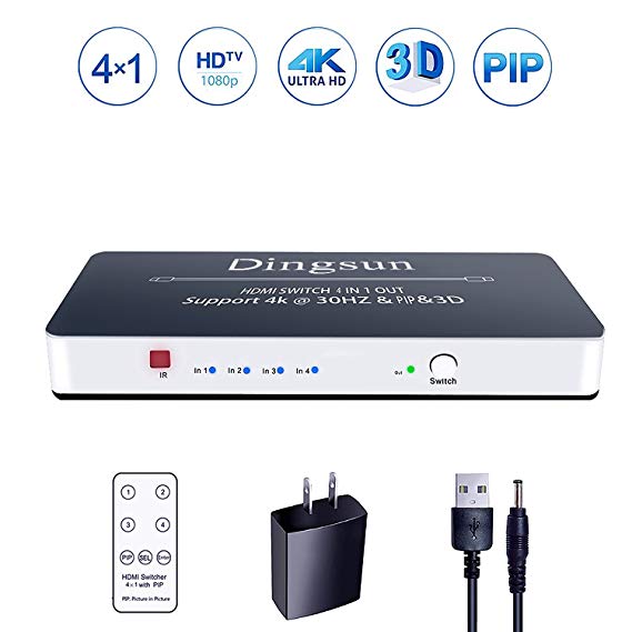 HDMI Switcher, HDMI Switch 4k, HDMI Switch with PIP and IR Wireless Remote Control, HDMI Switch Box Support PIP, 4K, 1080P, 3D (4 in 1 Out HDMI Switcher with PIP)