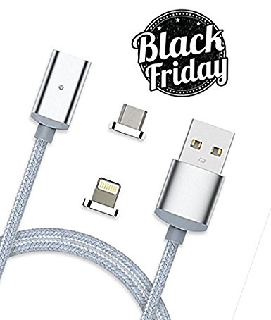 USB Charging Cable Magnetic, Braided Nylon Cord by Spherecalls, 2 in 1 Micro and Mini 8 Pin, #1 Charge Cable to Support iPhone and Android, Does Not Support Galaxy S7 or S7 Edge, Silver