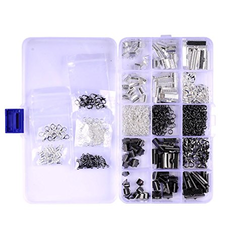 A BOX 2 COLOR 5 SIZE Ribbon Bracelet Bookmark Pinch Crimp Clamp End Findings Cord Ends Leather Crimp Ends Drop End Open Jump Rings Lobster Claw Clasps Jewelry Making Findings (BLACK & SILVER)