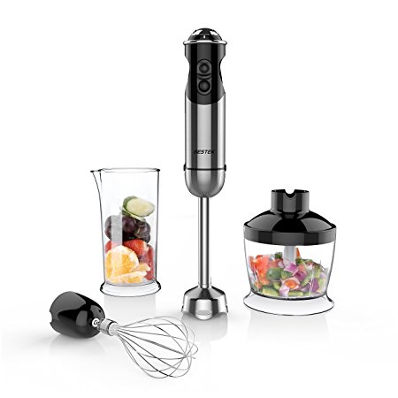 BESTEK Imersion Blender 350 W 5 Speed 4-in-1 Hand Blender Smart Stick with Food Processor, Whisk, Beaker and 2 Stainless Steel Blades for Smoothies Baby Food Yogurt Sauces Soups