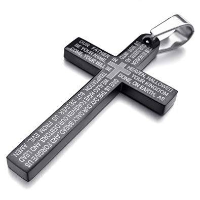 INBLUE Men's Stainless Steel Pendant Necklace Cross English Bible Lords Prayer -with 23 Inch Chain