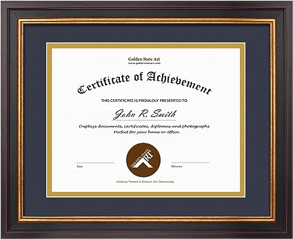 Golden State Art, 11x14 Frame for 8.5x11 Diploma/Certificate, Sawtooth Hangers for Wall Mounting with Real Glass, Black Gold & Burgundy Molding (Navy Blue/Gold Double Mat)
