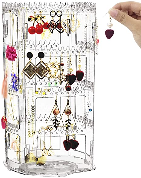 Earring Holder and Jewelry Organizer, 360° Rotating Earring Organizer, 4 Tier Acrylic Earring Display Stand, Clear Jewelry Rack for Necklaces Earrings Piercings Bracelets (160 Holes and 168 Grooves)