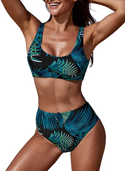 EVALESS Women 2 Pieces Push Up Bikini Floral Print Swimwear Padded High Waist Swimsuits