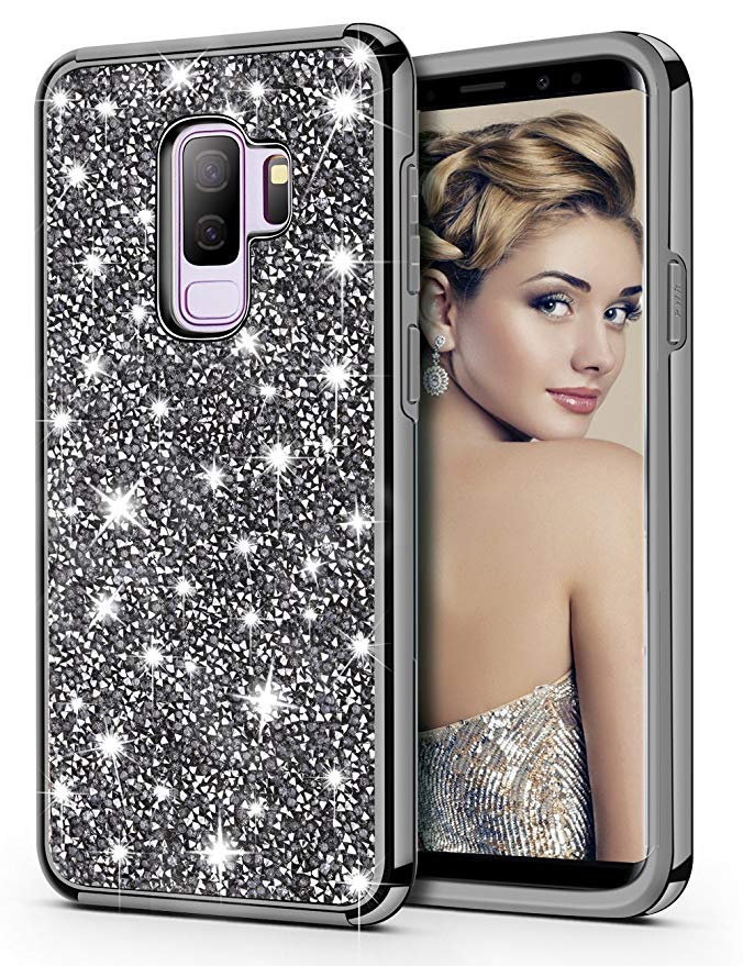 HoneyAKE Galaxy S9 Plus Case Glitter Bling Cute 3D Handmade Crystal Rhinestone Hybrid Hard PC Back Cover Soft Bumper High Impact Shockproof Protective Case for Galaxy S9 Plus(Black)