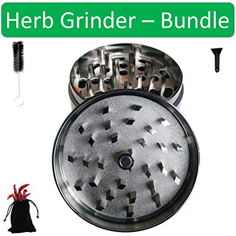 StyleOn Herb Grinder Bundle (4 Items). Grinders for Weed | Comes with Grinder | Pouch | Brush | Scraper. Large 4 Piece, 2.4” In x 1.6” In Herb Spice Pollen Tobacco Weed Grinder (Gun Metal)