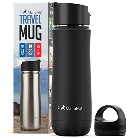 MalloMe Stainless Steel Coffee Travel Mug – 20 oz Vacuum Insulated Water Bottle Thermos Flask Cup Combo – Triple Walled Tumbler, 7 Colors, Two BPA Free Leak Proof Lids Included