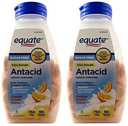 Sugar Free Antacid Orange Cream Flavor 180 Chewable Tablets Equate - Compare to Tums (2 Bottles of 90 Each) by Equate